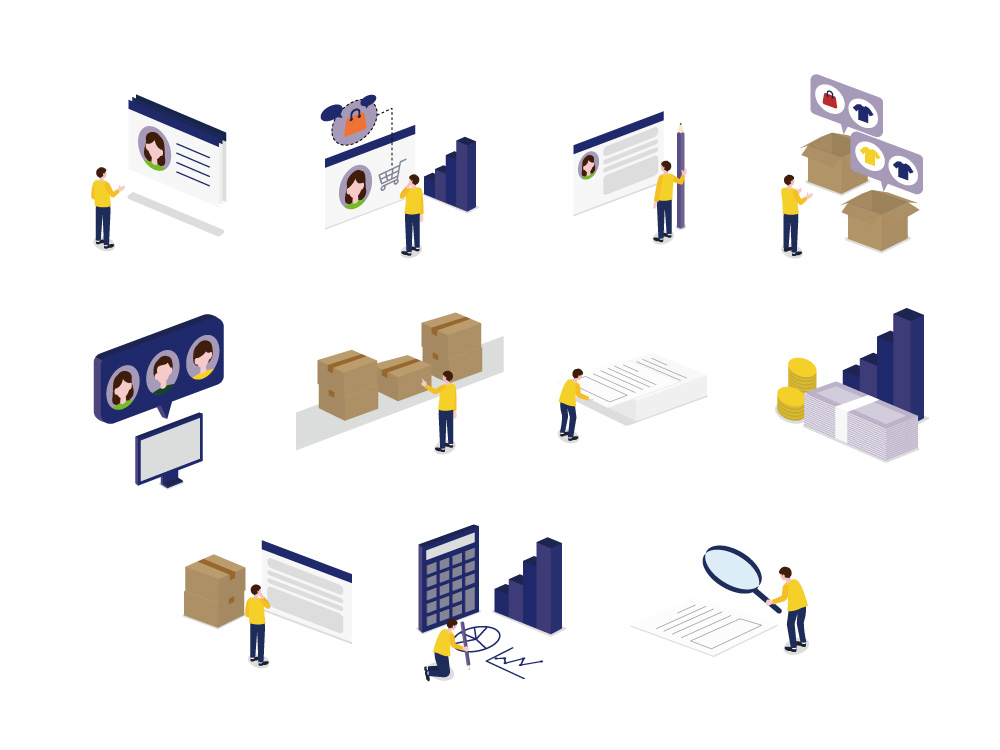 街並みや建物を俯瞰で描いた詳細なアイソメトリックイラストのデザイン例