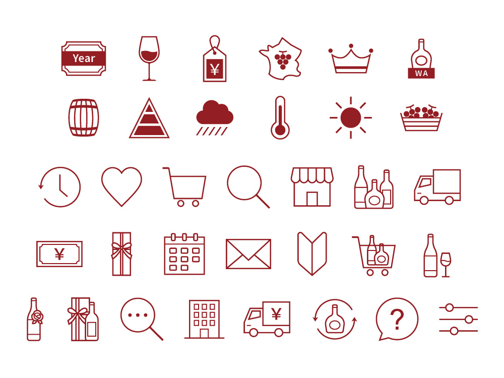 ワイングラスやボトル、記念日を象徴するモチーフをシンプルに描いたアイコン一覧