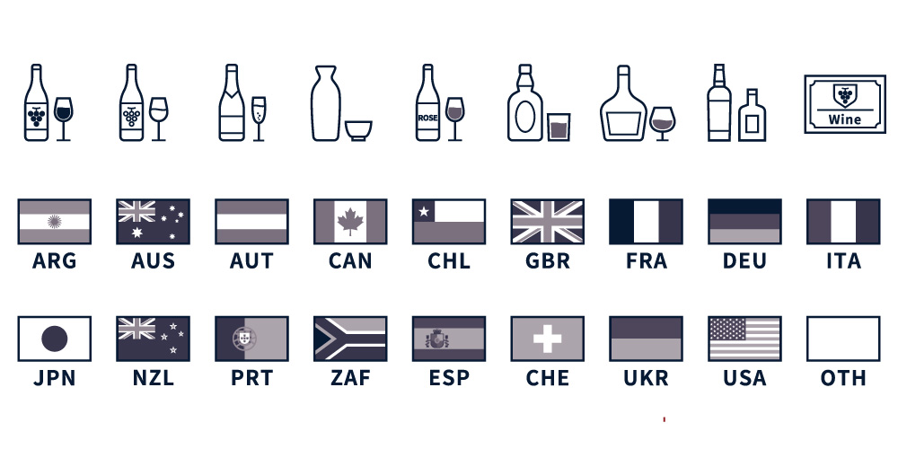 赤ワイン、白ワイン、シャンパンなどの種類を判別しやすくデザインしたピクトグラム